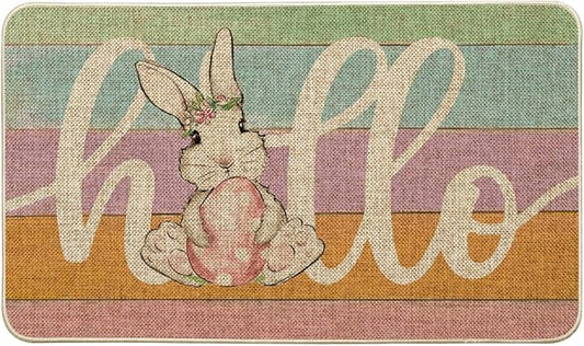 Bunny Rabbit Pink Egg Hello Easter Doormat Non-Slip Dust Floor Seasonal Spring Summer Mats Best Gifts for Parents Family Classmate 18x30Inch