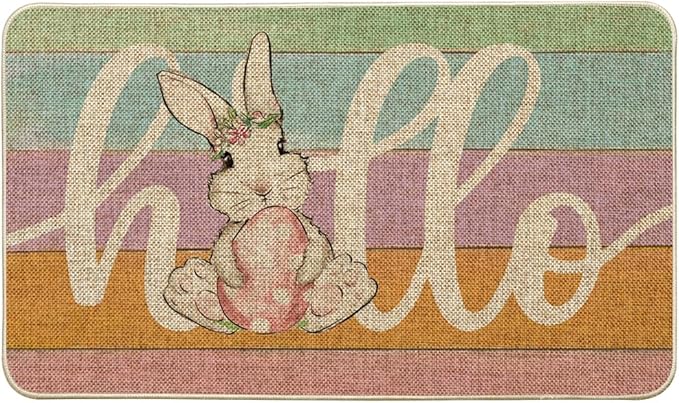 Bunny Rabbit Pink Egg Hello Easter Doormat Non-Slip Dust Floor Seasonal Spring Summer Mats Best Gifts for Parents Family Classmate 16X24Inch