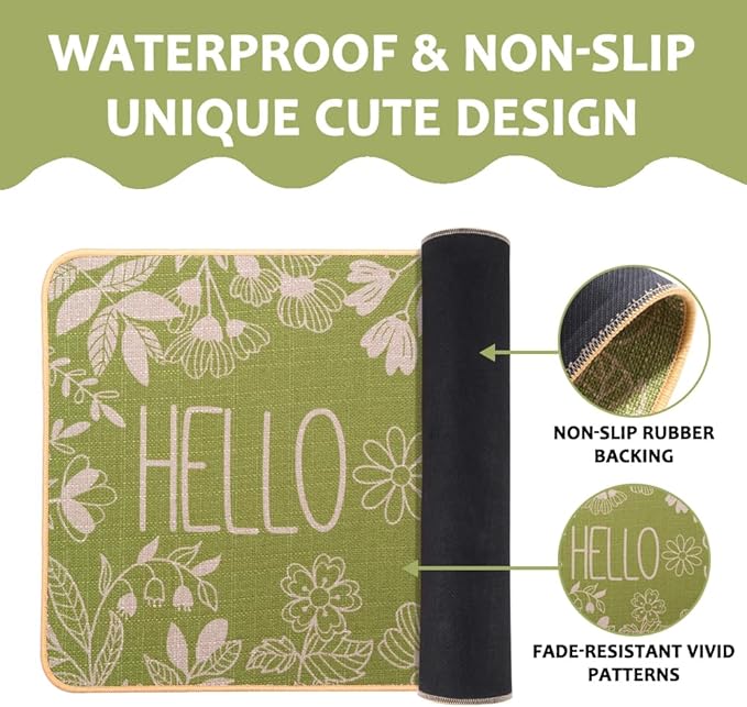 Hello Spring Door Mat Welcome Doormat, Plants Outdoor Rug Leaves Decor Floor Front Door Mat Non-Slip Entrance Mat for Home Kitchen Bathroom Decorations 17 X 29 Inch (Green)