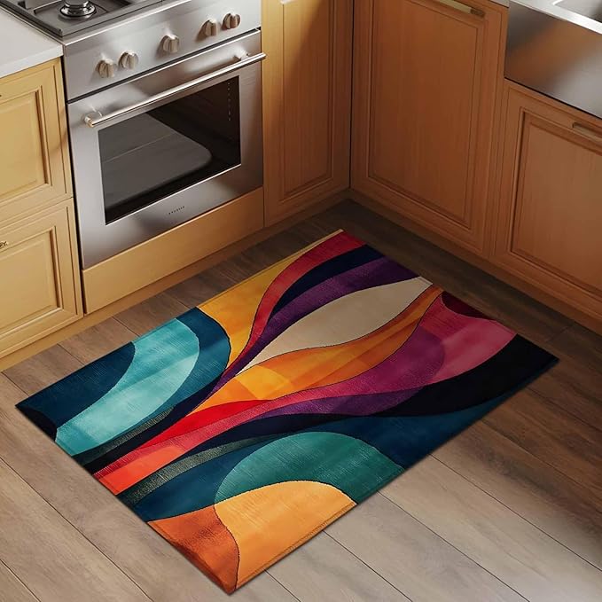 Minimalist Art Entryway Rug 2'x3', Abstract Yellow Blue Color Block Line Small Area Rug Non-Slip Front Door Mat Washable Floor Carpet for Indoor Entrance Kitchen Bathroom