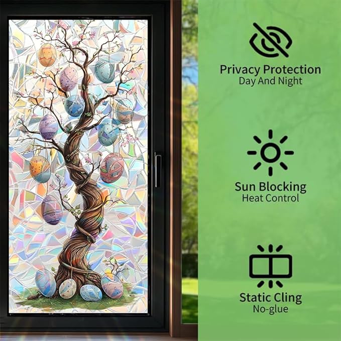 Window Film 17.3 x 39.4 Inch Easter Egg Tree Illustration PVC Decorative Privacy Window Covering for Seasonal Home Styling Spring Glass Surface Decor