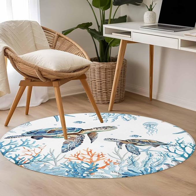 Sea Turtle Round Rug 4 Ft, Seagrass Coral Starfish Circle Area Rugs Washable Non Slip Indoor Floor Mats Carpet for Living Room Bedroom Dining Room Home Decor