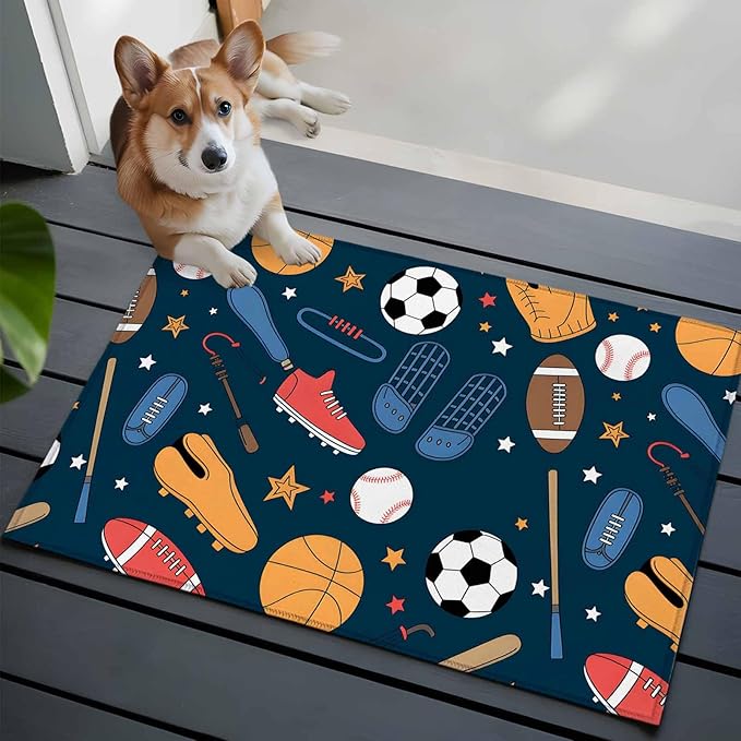 Cartoon Sports Entryway Rug 2'x3', Baseball Soccer Basketball Rugby Sneakers Small Area Rug Non-Slip Front Door Mat Washable Floor Carpet for Indoor Entrance Kitchen Bathroom