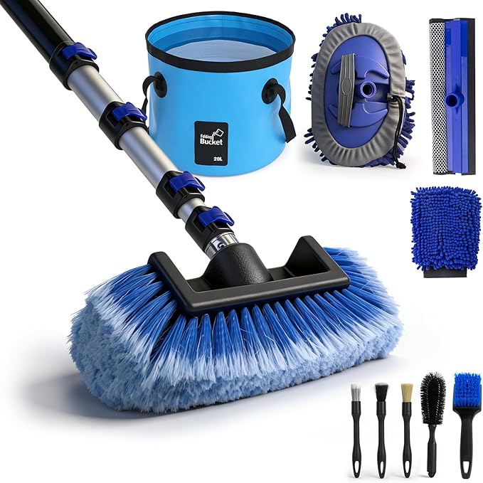 12FT Car Wash Brush with Long Handle - Car Cleaning Kit with 8 Attachments, 180° Rotating Mop, Foldable Bucket, Scratch-Free Soft & Hard Brushes for Cars, Trucks, SUV, RV, Home Windows & Siding