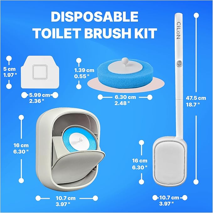 CiLoN Wall-Mounted Disposable Toilet Brush, Bowl Wand, Disposal Scrubbing Sponge Pads Caddy & 30 Fresh Bleach Sponge Heads. Space Saving Disposable Toilet Brush Cleaning Set. (Starter Kit + 30 Brush)