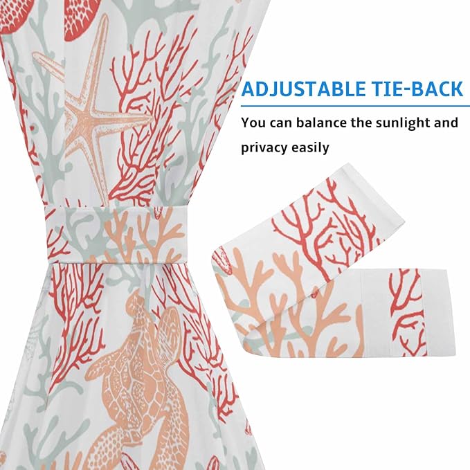 French Door Curtain Panel for Front Door, Coral Red Marine Life Sea Turtle Conch Slidelight Door Curtains with Tieback Light Filtering Privacy Panels for Doorway Entryway 25"x 40"