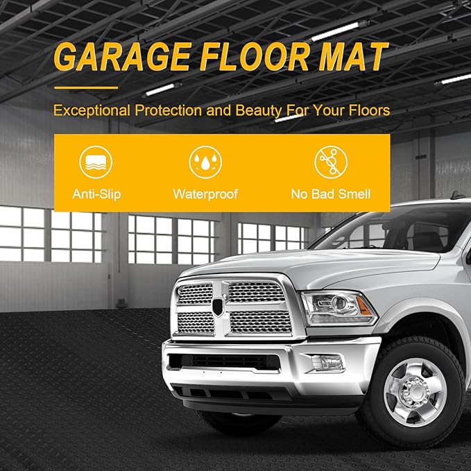 7.5x20 FT Garage Floor Mat, 2.8mm Thickened Flooring Roll Under Car Mat with 20Pcs Tapes, Diamond Plate, Non-Slip Floor Protector Mat for Trailer, Garage, Warehouse, Gyms, Trailer, Matte Black