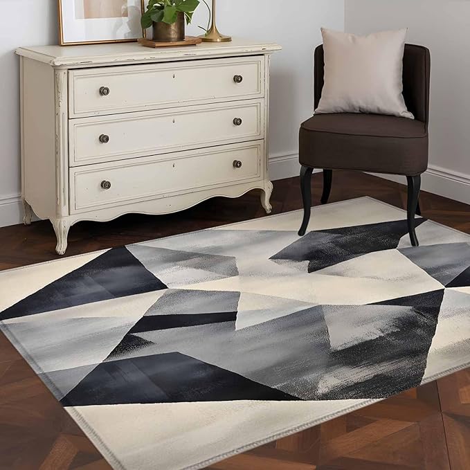 Color Block Area Rugs 2.7'x5', Modernism Blue Beige Line Abstract Art Washable Area Rugs Non-Slip Indoor Floor Mats Carpet for Living Room Bedroom Dining Room