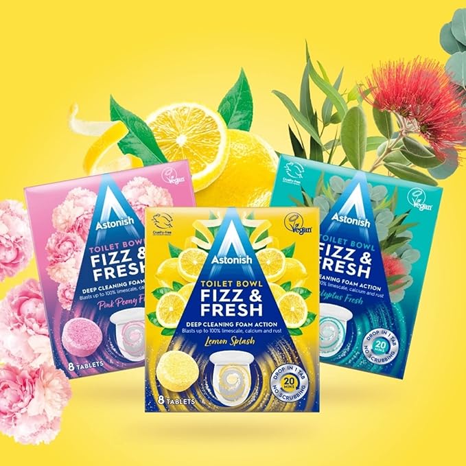 Astonish Fizz & Fresh Foaming Toilet Bowl Cleaner Tablets Bundle – Deep Cleaning Eucalyptus, Lemon Splash & Pink Peony Scents – Limescale, Calcium & Rust Remover for Hard-to-Reach Stains, 24 Tablets T