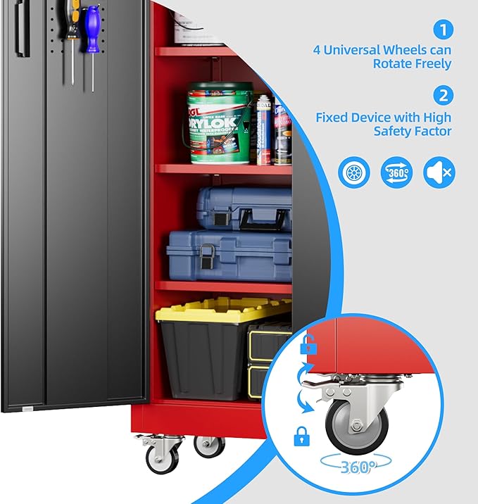 Reemoon 71" H Metal Garage Storage Cabinet with 5 Adjustable Shelves and Pegboard,Steel Storage Cabinet with Wheels for Garage Home Office Utility Room,Required Assembly, Red and Black