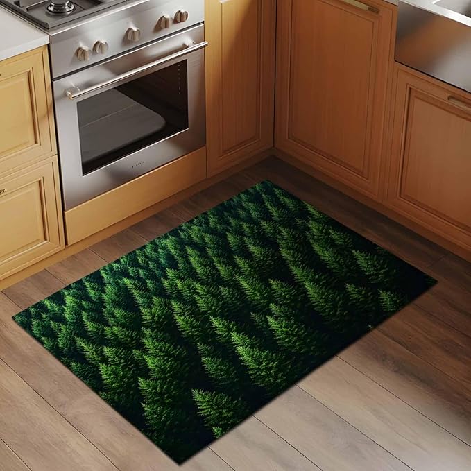 Green Forest Entryway Rug 2'x3', Pine Trees Forest Landscape Style Summer Small Area Rug Non-Slip Front Door Mat Washable Floor Carpet for Indoor Entrance Kitchen Bathroom