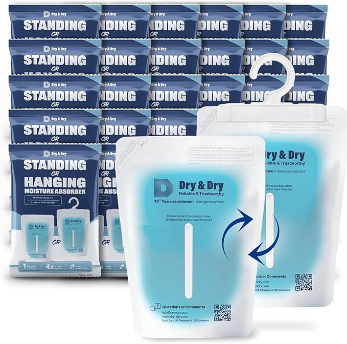 Dry & Dry 30 Packs Hybrid Moisture Absorbers to Control Excess Moisture for Basements, Closets, Bathrooms, Laundry Rooms - Moisture Absorbers, Standing or Hanging Moisture Absorbers