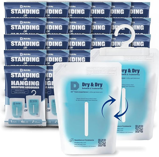Dry & Dry 30 Packs Hybrid Moisture Absorbers to Control Excess Moisture for Basements, Closets, Bathrooms, Laundry Rooms - Moisture Absorbers, Standing or Hanging Moisture Absorbers