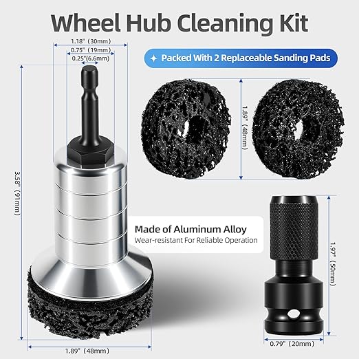 BURMONG Wheel Hub Cleaning Tool with Dual-Head Adapter, Brake Hub Cleaning Kit Includes 3 Pads for Rust Removal & Polishing, Wheel Stud Cleaner Compatible with Power Drill & 1/2" Impact Wrenches (3)