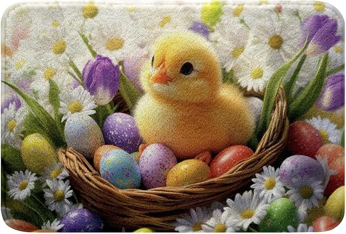 Easter Day Kawaii Chick Doormats Easter Eggs Daisy Flowers Flroal Door Mat Bath Rug Non-Slip Dust Inside/Outside Floor Carpet for Kitchen Front Hall Lawn 20x32 inch