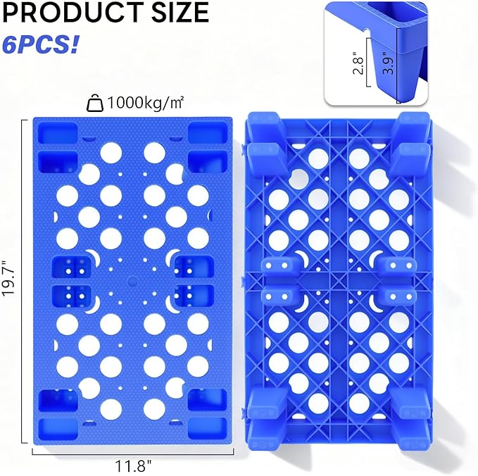 Plastic Pallets, 6pcs Blue Lightweight Nestable Polyethylene Pallets, Moisture-Proof Floor Pallets, Mini Spliceable Plastic pallets for Basement Storage Kitchen Garages L 19.7" x W 11.8"x H 3.9"