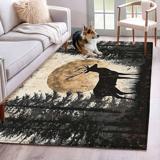 Deer Area Rugs 2.7'x5', Elk Silhouette Washable Area Rugs Non-Slip Indoor Floor Mats Carpet for Living Room Bedroom Dining Room