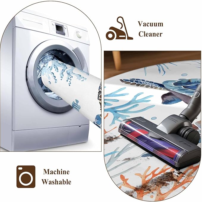 Sea Turtle Small Round Rug 3 Ft, Seagrass Coral Starfish Area Rugs Washable Non Slip Indoor Floor Mats Circle Carpet for Living Room Bedroom Dining Room Home Decor