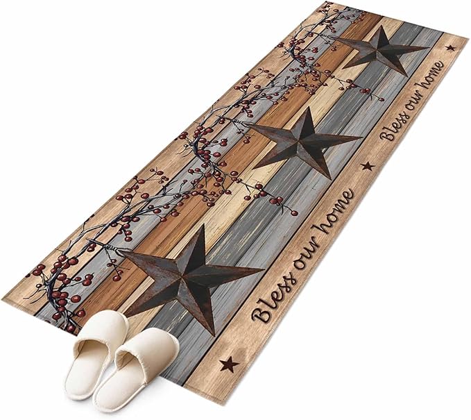 Country Stars Runner Rug 2'x6', Vintage Rust Black Star Berry Brown Light Blue Wood Grain Hallway Runner Rugs Washable Non-Slip Bedside Floor Mats Carpet for Kitchen Bedroom Laundry Room Bathroom