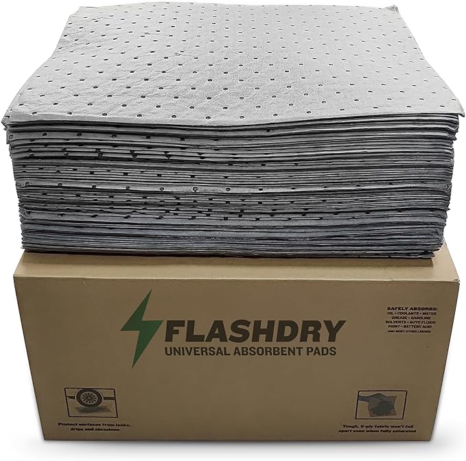 FLASHDRY Universal Spill Absorbent Pads, 100-Count Dispenser Box, 17.5" x 13.5", Absorbs Oil, Grease, Coolant & Solvents, for Garages, Warehouses, Factories & Industrial Facilities