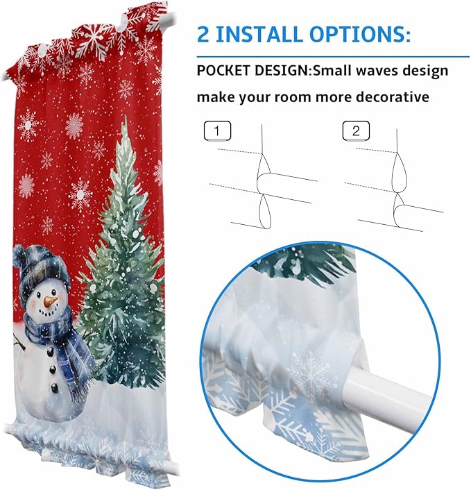 Christmas French Door Curtain Panel for Front Door, Red Pine Tree Christmas Snowman Blue Slidelight Door Curtains with Tieback Light Filtering Privacy Panels for Doorway Entryway 25"x 40"