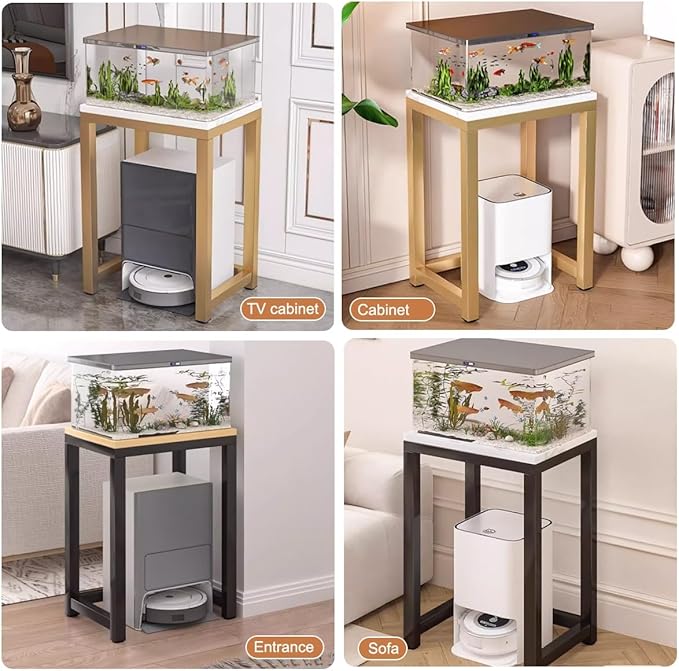 Storage Rack Above The Sweeping Robot,Robot Vacuum Stand Cabinet,Entryway Hallway Double-Tier Robot Vacuum Cleaner Shelf,Steel Frame with Wooden Top,Small End Tables for Bathroom(White/Black,50x30/19.