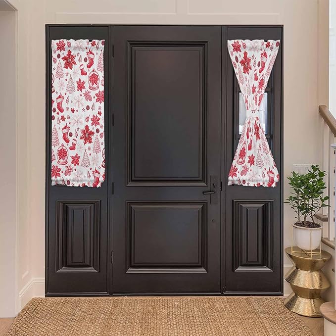 Christmas French Door Curtain Panel for Front Door, Red Christmas Tree Plant Sock Snowflake Pine Cone Slidelight Door Curtains with Tieback Light Filtering Privacy Panels for Entryway 25"x 40"