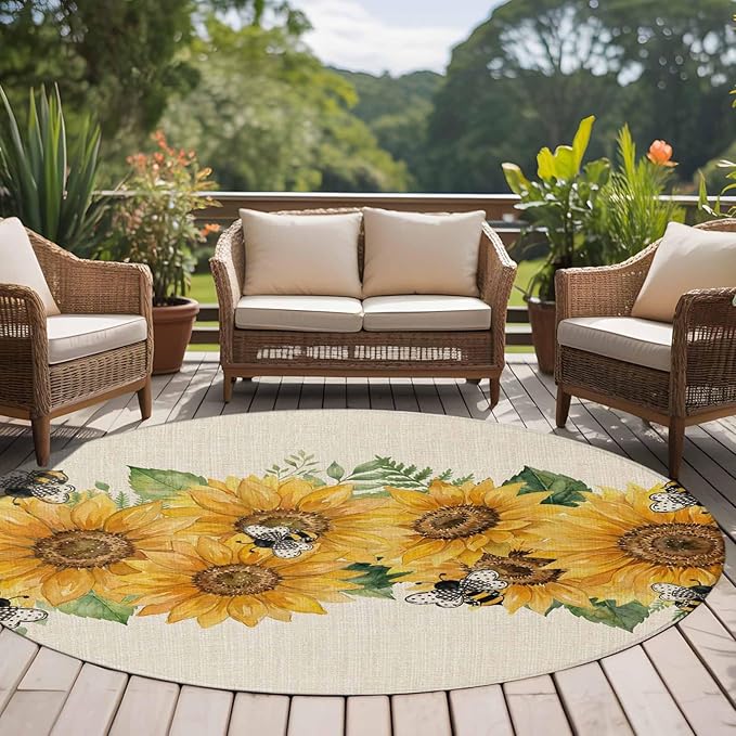 Watercolor Sunflower Cartoon Farmhouse Bee Linen Texture Large Round Rug 7Ft, Circle Area Rugs Washable Non Slip Indoor Floor Mats Carpet for Living Room Bedroom Dining Room Home Decor