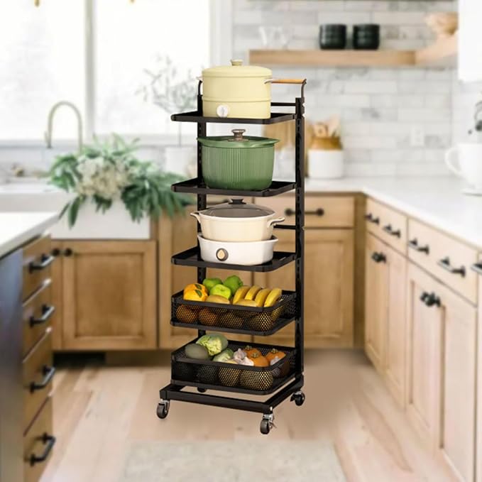 Microwave Shelf Stand Floor Pan Rack Free Standing Baking Tray Storage Rack Kitchen Storage Rack nisation with Black Finish 5 Shelves 4 Boards 1 Basket