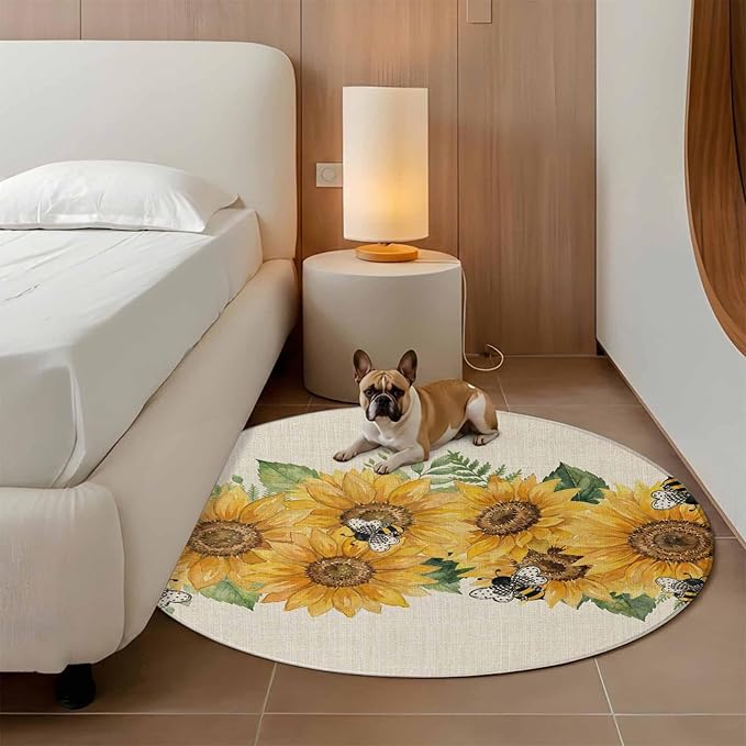 Watercolor Sunflower Cartoon Farmhouse Bee Linen Texture Round Rug 3.3 Ft, Samll Area Rugs Washable Non Slip Indoor Floor Mats Circle Carpet for Living Room Bedroom Dining Room Home