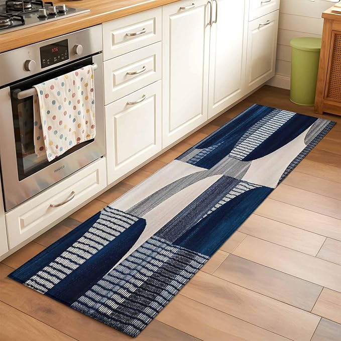Modernism Runner Rug 2'x6', Blue White Geometric Abstract Design Hallway Runner Rugs Washable Non-Slip Bedside Floor Mats Carpet for Kitchen Bedroom Laundry Room Bathroom