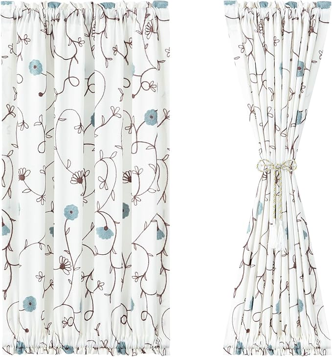 VOGOL Curtains for French Door, 36 x 40 Inches Blue Flower Pattern Sliding Door Panels, 1 Piece Rod Pocket Decorative Drapery for Entry Door