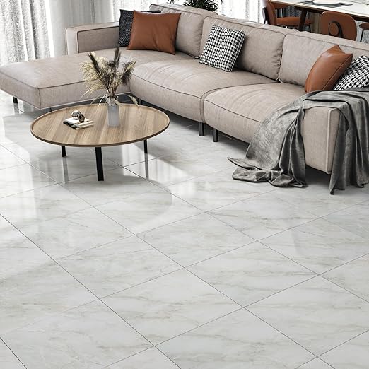 Wallercity Shiny Gray/White Marble Peel and Stick Floor Tile 12" x 12" Kitchen Bathroom Waterproof Vinyl Flooring Tiles Stick on Floor Tiles for Bedrooms Basement Linoleum Flooring Sheet Panels 6PCS