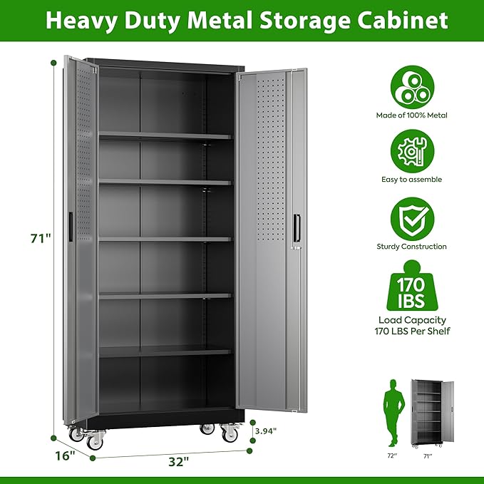 Reemoon 71" H Metal Garage Storage Cabinet with Wheels，Steel Storage Cabinet with Door,5 Adjustable Shelves and Pegboard for Garage Home,Required Assembly,Black &Dark Grey