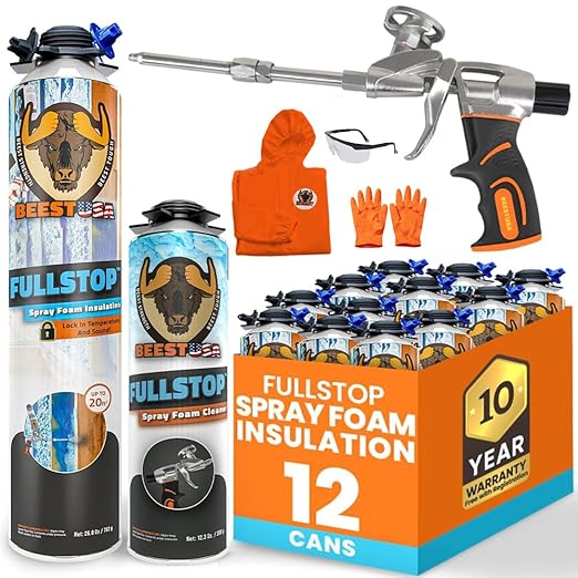 BEEST FullStop Spray Foam Insulation Kit for Walls and Attic - 240 Board ft/sq.ft. Perfect Heat & Acoustic Insulation for Reduced Energy Bills - 12x Spray Foam Can, 1 Cleaner, Pro X Gun & Safety Gear