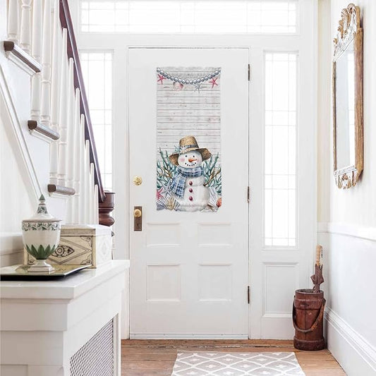 Christmas French Door Curtain for Front Door, Christmas Winter Snowman Pearl Shell Coral Starfish Board Slidelight Door Curtains with Tieback Light Filtering Privacy Panel for Entryway 25"x 40"