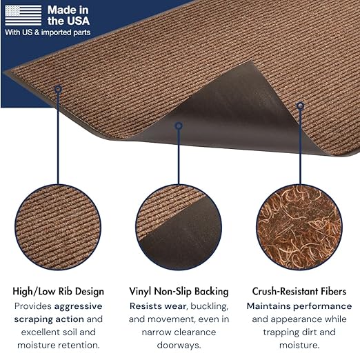 Notrax Heritage Rib™ Commercial Indoor Door Mat Office Rugs – 3' x 6' Brown Front Door Mat with Double Rib 22oz Yarn, Non-Slip Vinyl Backing – Durable Entryway Rug Made in The USA – 117S0036BR