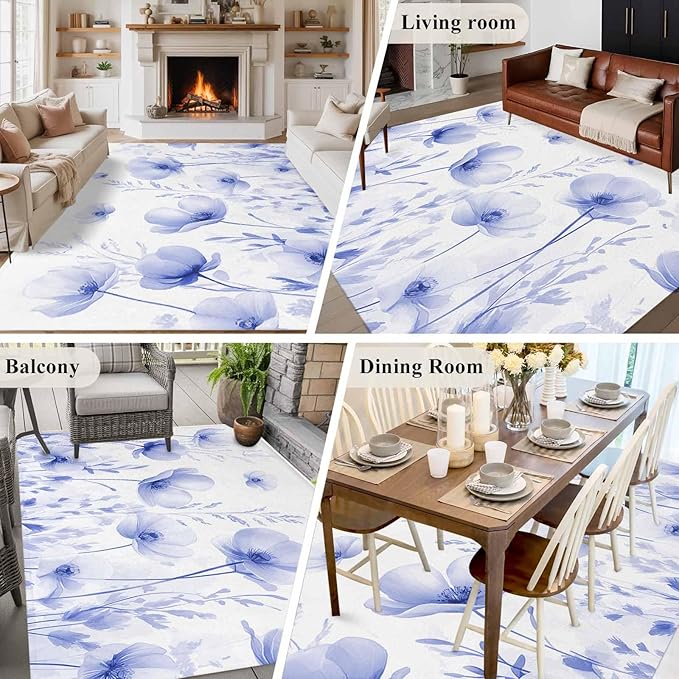Flower 5'x7' Area Rugs, Blue Washable Area Rugs Non-Slip Indoor Floor Mats Carpet for Living Room Bedroom Dining Room