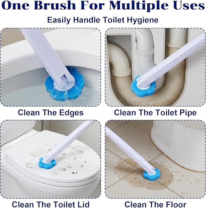2 Pack Disposable Toilet Brush and Holder Set, Extended Handle Toilet Bowl Cleaner Wand with 48 Refills Replacement Heads Pads Bathroom Maintenance Bathtub Stick Cleaning System Starter Kit