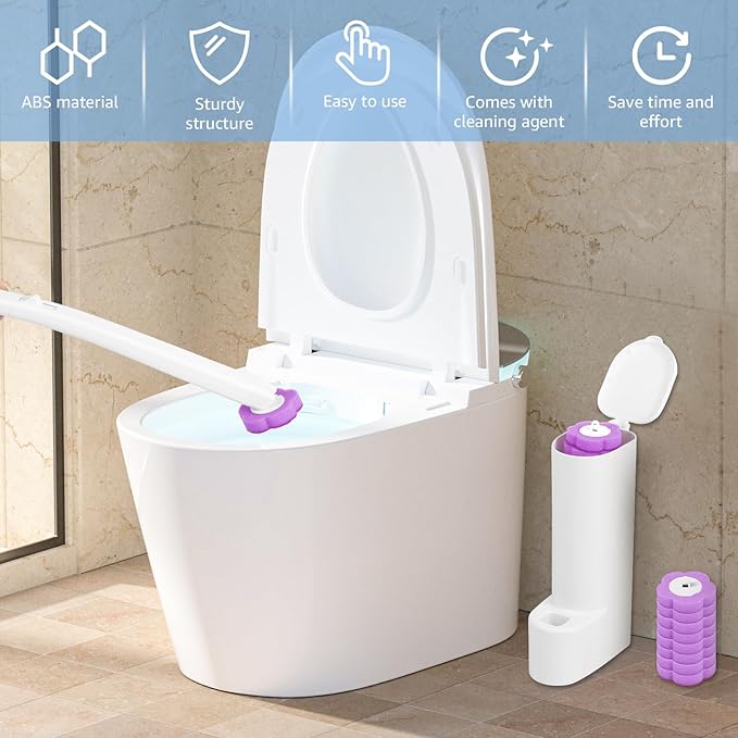Toilet Bowl Cleaner Kit, Toilet Brush Cleaning System, Easy to Install Refills Pads Replacement Heads, Efficient Brush Disc Kit with Elongated Handle for Bathroom Cleaning(Purple)
