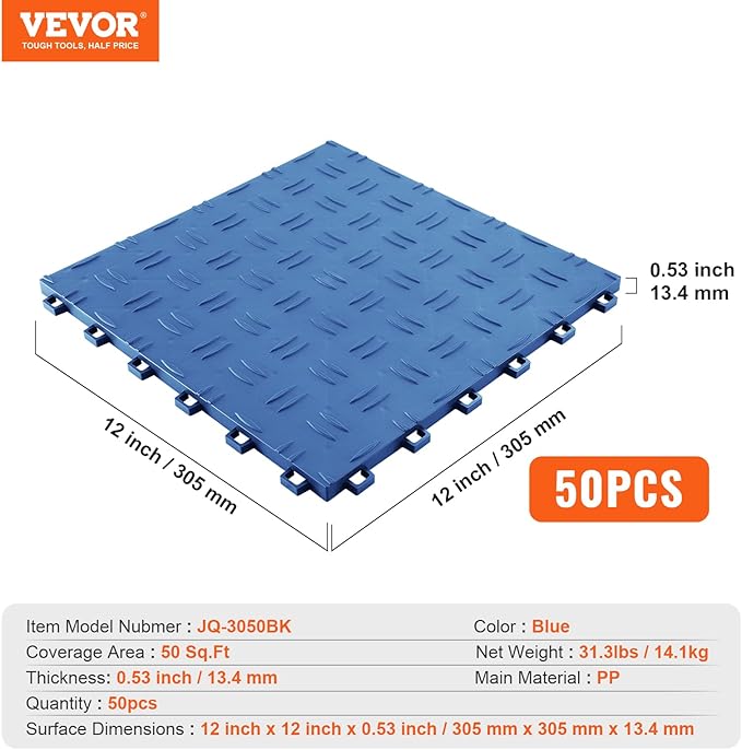 VEVOR Garage Floor Tiles 12 x 12 x 0.53 inch, Interlocking Design Ease of Installation Double-Sided Texture Non-Slip Sturdiness, for Garages, Basements, Repair Shops, Blue, 50 Pack