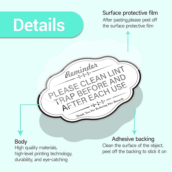 Clean Lint Trap Reminder Sign, Self-adhesive Waterproof and Anti-fading Clean Lint Trap Before and After Each Cycle sticker for Dryer, Essentials for Hosts and Guests Bathroom Sign(White)