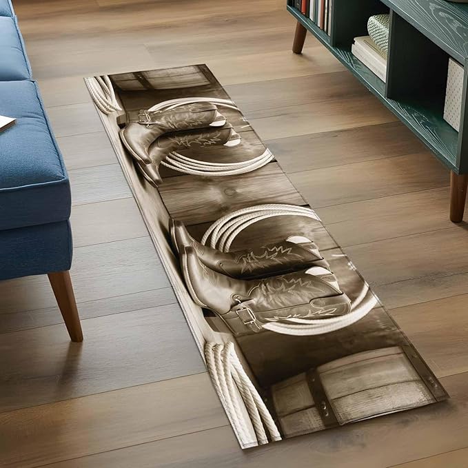Western Cowboy Runner Rug 2'x6', Vintage Countryside Cowboy Boots Ropes Hallway Runner Rugs Washable Non-Slip Bedside Floor Mats Carpet for Kitchen Bedroom Laundry Room Bathroom
