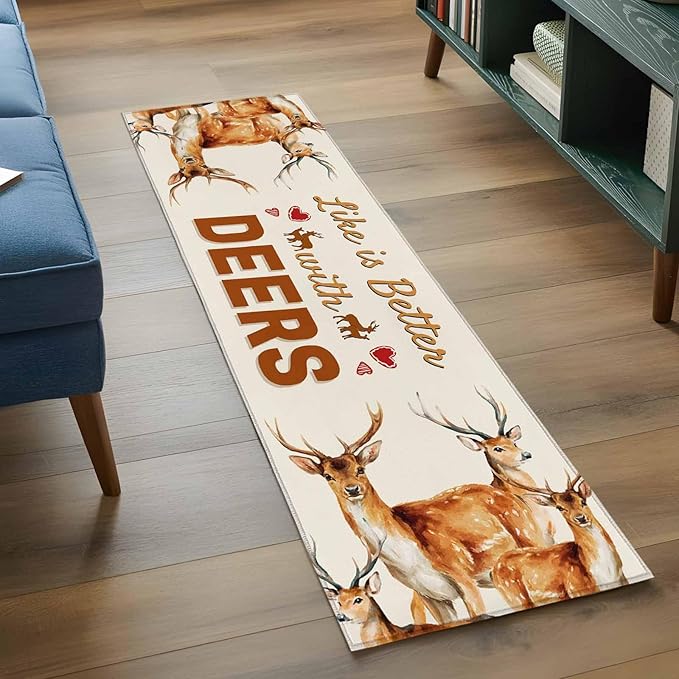 Beige Deer Runner Rug 2'x6', Wildlife Animals Rustic Farmhouse Elk Rustic Farmhouse Hallway Runner Rugs Washable Non-Slip Bedside Floor Mats Carpet for Kitchen Bedroom Laundry Room Bathroom