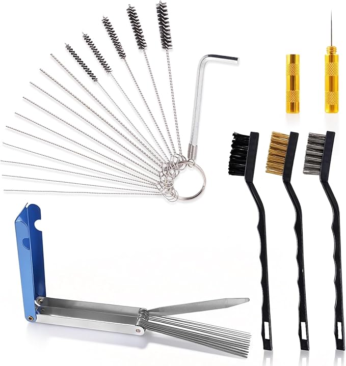 Premium Carburetor Cleaning Kit, Stainless Steel Torch Tip Cleaner with 13 Wires, 10 Needles, 5 Nylon Brushes, 3 Large Brushes, Pick & Wrench Set for Motorcycle ATV Lawn Mower Small Engine