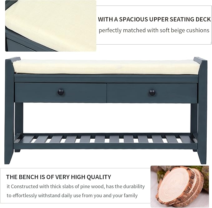 Knocbel Entry Storage Bench Shoes Rack with Cushioned Seat, 2 Drawers & Slatted Shelf, Living Room Entryway Hallway Foyer Shoe Bench Bedroom End of Bed Bench (Antique Navy)