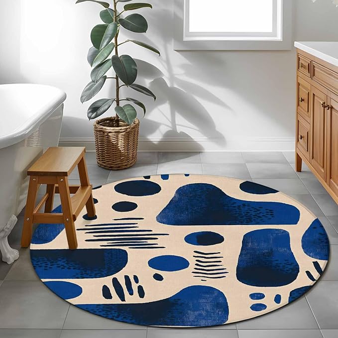 Modernism Round Rug 4 Ft, Blue Black Geometric Abstract Style Circle Area Rugs Washable Non Slip Indoor Floor Mats Carpet for Living Room Bedroom Dining Room Home Decor