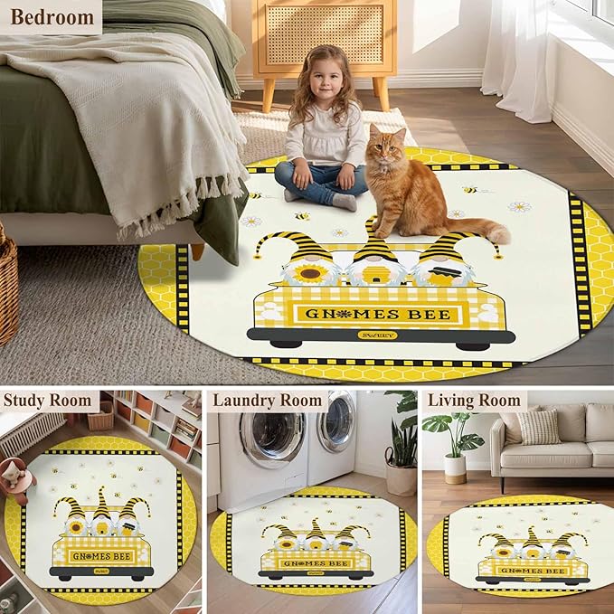 Honey Gnomes Round Rug 4 Ft, Bees Hive Sunflower Truck Circle Area Rugs Washable Non Slip Indoor Floor Mats Carpet for Living Room Bedroom Dining Room Home Decor