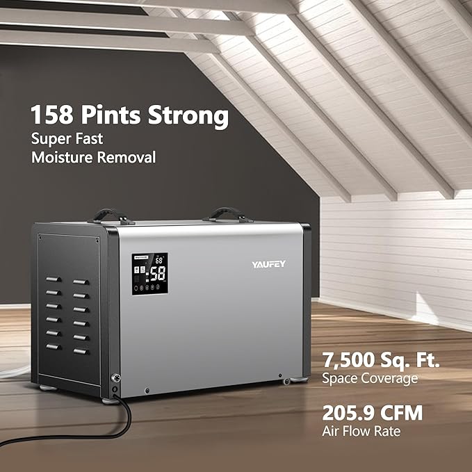 Yaufey 158 Pints Commercial Dehumidifier with Pump and Drain Hose for Crawlspace, Basements, Industrial Space, large room for Space up to 7500 Sq. Ft. - Auto Defrost, 5-Year Quality Coverage
