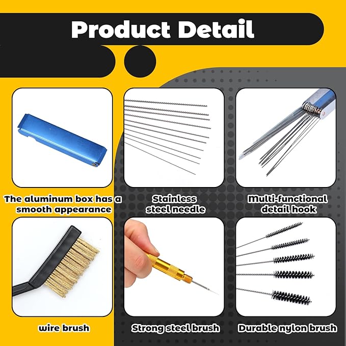 Carburetor Cleaner Kit Torch Tip Cleaner Set, Includes 1 Single Head Brush 30 Needles 15 Nylon Brushes 1 Hexagonal Wrench 1 Scraper and 4 Cleaning Hooks 1 Aluminum Case for Motorcycle ATV